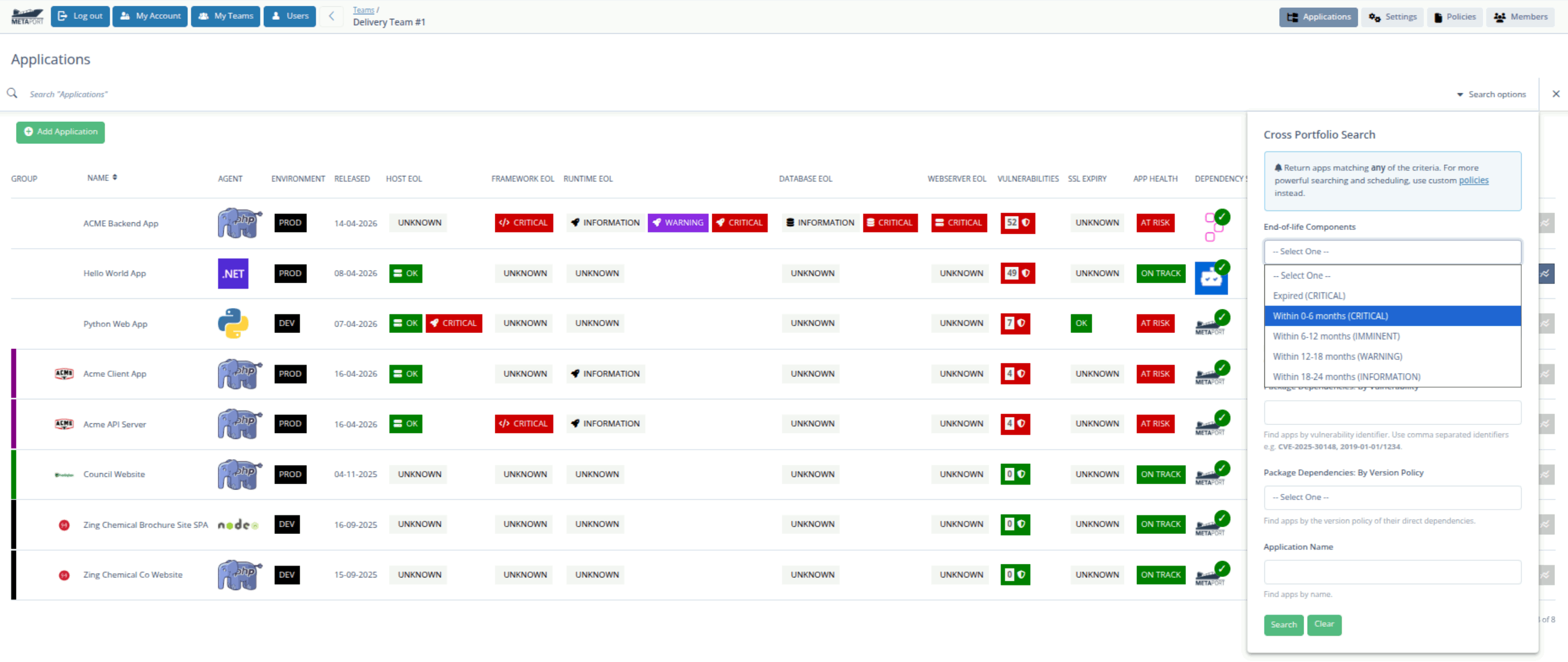 Surface EOL component and application CVEs across portfolios.